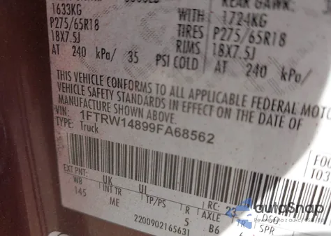 2009 Ford F-150 Xl/Xlt из США, поврежденный, VIN 1FTRW14899FA68562